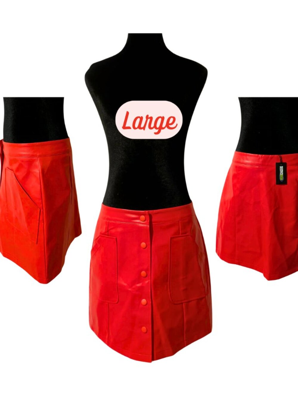WKNDCHASERS Red Faux Leather Mini Skirt Button Front A-Line Y2K Indie L NWT
